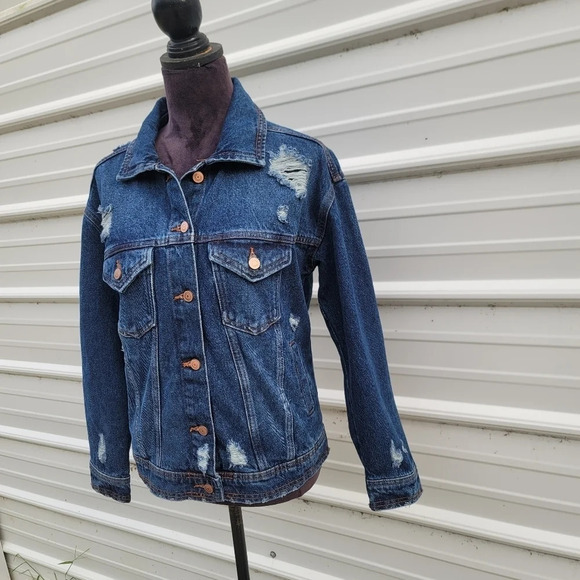 Celebrity Pink Jacket Womens Rose Gold Button Blue Denim Distressed XS - Picture 8 of 11